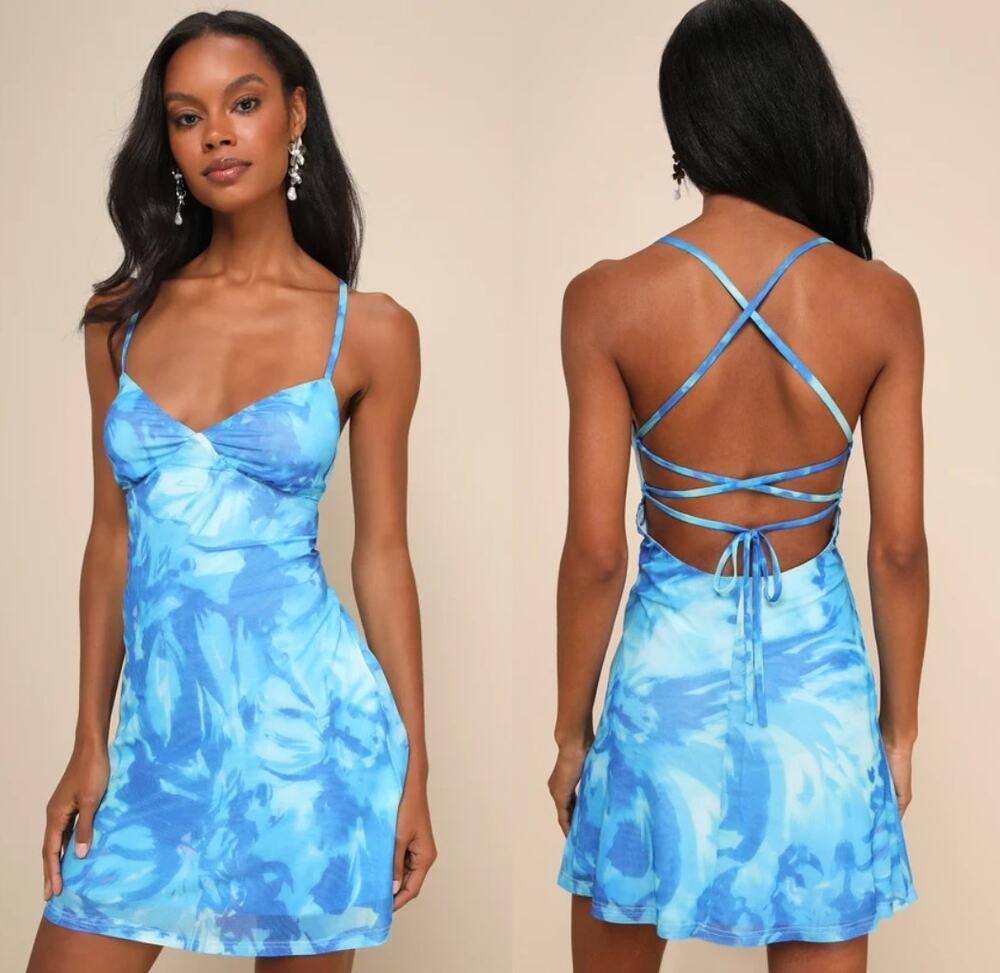 NWT Lulus Ethereal Cutie Blue Floral Abstract Mesh Lace-Up Mini Dress Size XL
